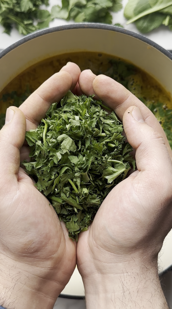 diced parsley going into the aush/ash pot